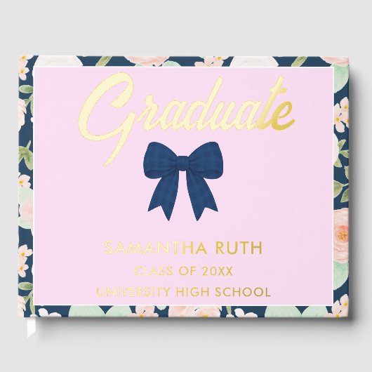 Wilde Bloem Navy Blauwe Gingham Strik Afstudeerfee Gastenboek (Voorkant)