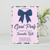 Wilde bloem Navy Blauwe Gingham Strik Afstudeerfee Kaart (Staand voorkant)