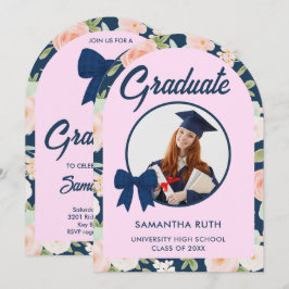 Wilde bloem Navy Blauwe Gingham Strik Foto Afstude Kaart