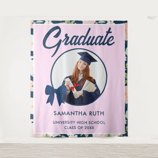 Wilde Bloem Navy Gingham Strik Foto Grad Backdrop Wandkleed (Voorkant)