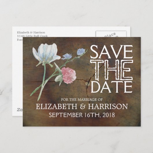 Wilde bloem Oak Hout Weddenschap sparen de datum Aankondigingskaart (Voorkant / Achterkant)