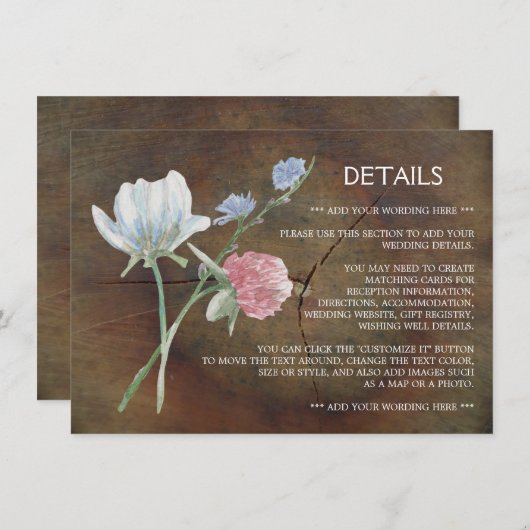 Wilde bloem Oak Wood Weddenschap Detail Informatiekaartje (Voorkant / Achterkant)