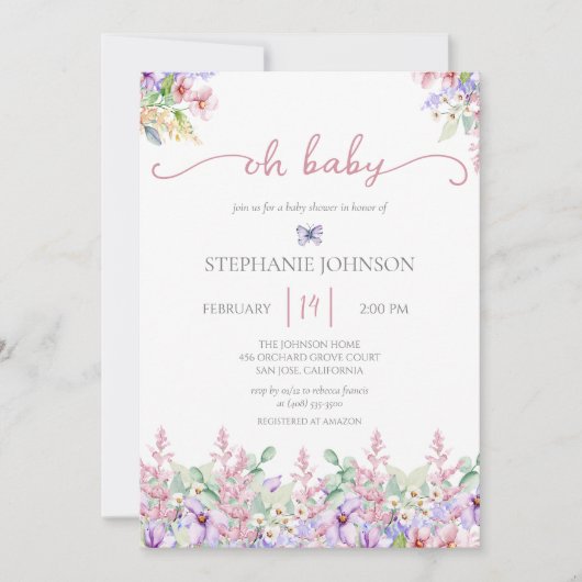 Wilde bloem Oh Baby Roze Floral Baby shower Invita Kaart (Voorkant)