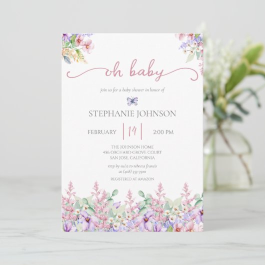 Wilde bloem Oh Baby Roze Floral Baby shower Invita Kaart (Staand voorkant)