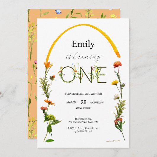 Wilde bloem ONE 1e verjaardag Kaart (Voorkant / Achterkant)