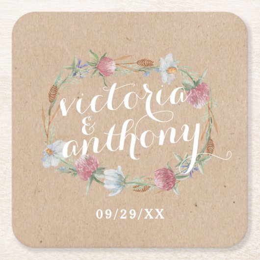 Wilde bloem op Kraft Country Weddenschap Kartonnen Onderzetters (Voorkant)