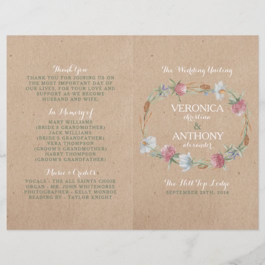 Wilde bloem op kraft country Wedding Programme (Voorkant)