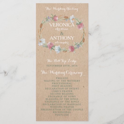 Wilde bloem op kraft country Wedding Programme Programmakaart (Voorkant)