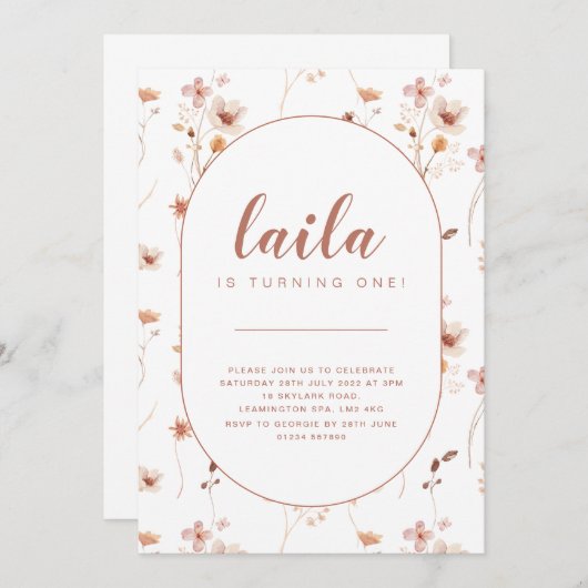 Wilde bloem Oval Birthday Invitation Kaart (Voorkant / Achterkant)