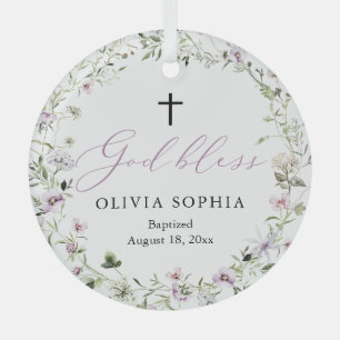 Wilde bloem Paars Girl Cross Baptism Ornament