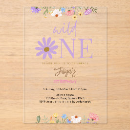 Wilde bloem paarse 1e verjaardag acryl uitnodigingen