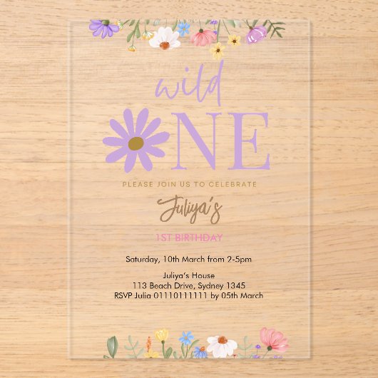 Wilde bloem paarse 1e verjaardag acryl uitnodigingen (Voorkant)