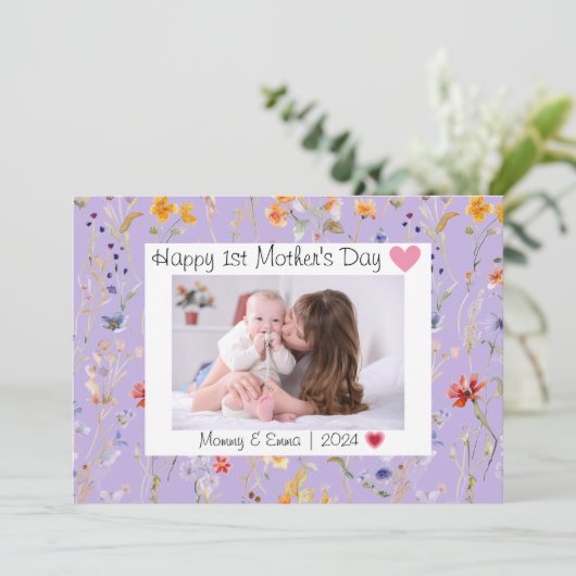 Wilde bloem paarse eerste Moederdag Foto Bedankkaart (Staand voorkant)