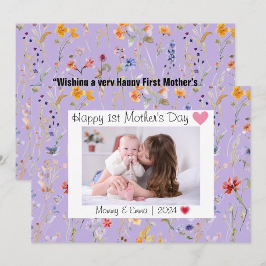 Wilde bloem paarse eerste Moederdag Foto Bedankkaart (Voorkant / Achterkant)