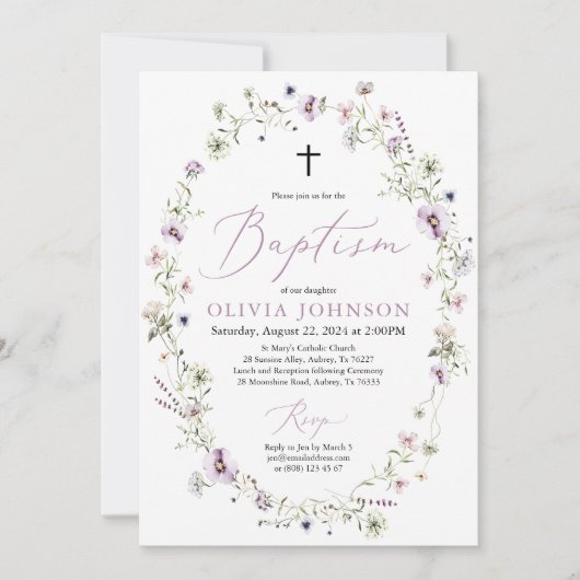 Wilde bloem Paarse Floral Girl Baptism Invitation Kaart (Voorkant)