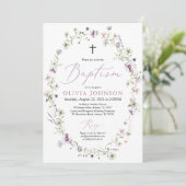 Wilde bloem Paarse Floral Girl Baptism Invitation Kaart (Staand voorkant)