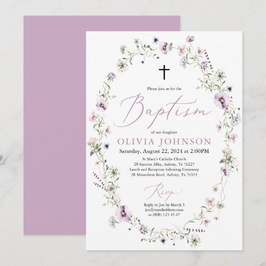 Wilde bloem Paarse Floral Girl Baptism Invitation Kaart (Voorkant / Achterkant)