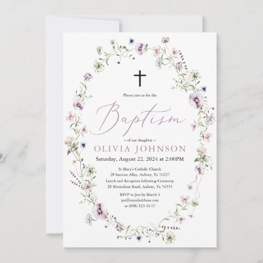 Wilde bloem Paarse Floral Girl Baptism Invitation Kaart (Voorkant)