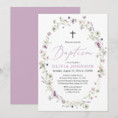 Wilde bloem Paarse Floral Girl Baptism Invitation Kaart (Voorkant / Achterkant)