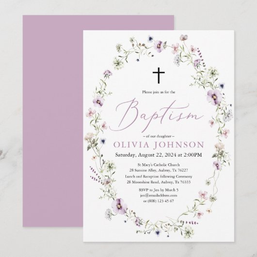 Wilde bloem Paarse Floral Girl Baptism Invitation Kaart (Voorkant / Achterkant)