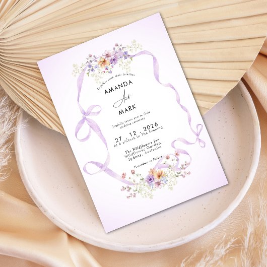 Wilde Bloem Paarse Lint Coquette Boog Bruiloft Kaart