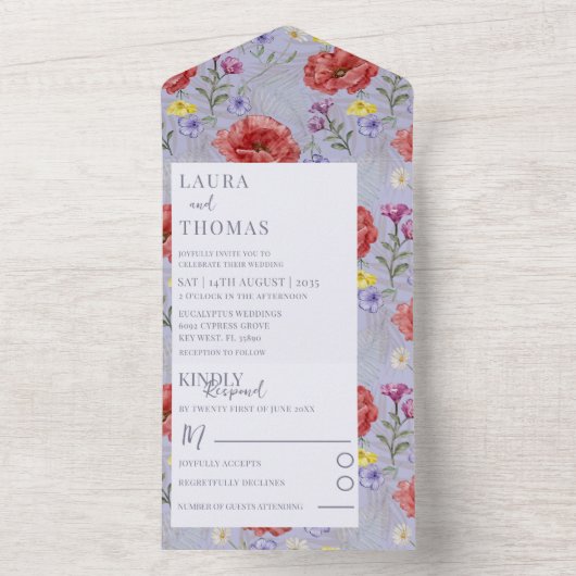 Wilde bloem Papaver Rood en Paarse Waterverf All In One Uitnodiging (Binnen)