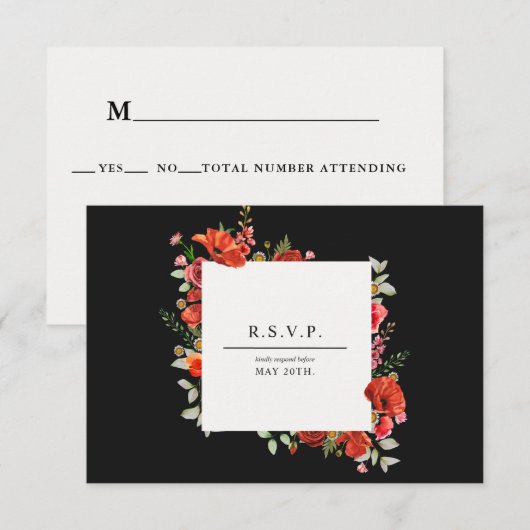Wilde bloem papavery botanische donkere bruiloft RSVP kaartje (Voorkant / Achterkant)