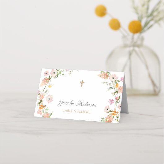 Wilde bloem Paptism Roze Gold Boho Girl Place Card Plaatskaartje (Voorkant)
