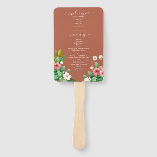 Wilde bloem Periwinkle Burnt Oranje Weddenprogramm Handwaaier (Voorkant)