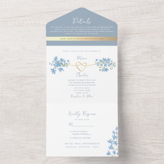 Wilde bloem Periwinkle Dusty Blue Wedding All In One Uitnodiging (Binnen)