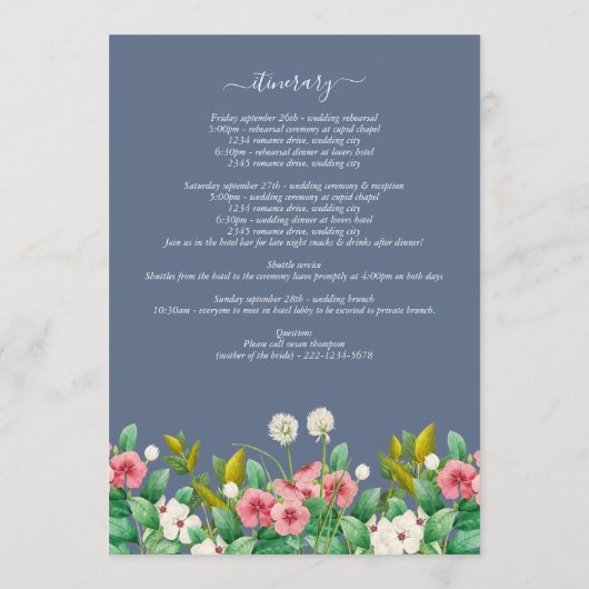 Wilde bloem Periwinkle Dusty Blue Wedding Itinerar Programmakaart (Achterkant)