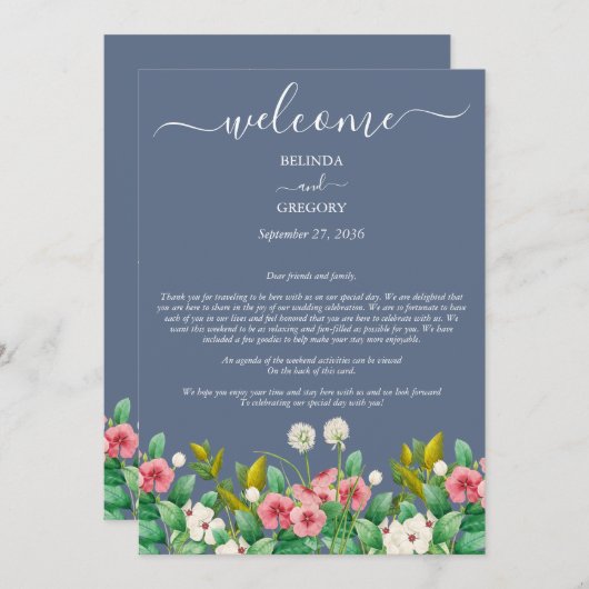 Wilde bloem Periwinkle Dusty Blue Wedding Itinerar Programmakaart (Voorkant / Achterkant)