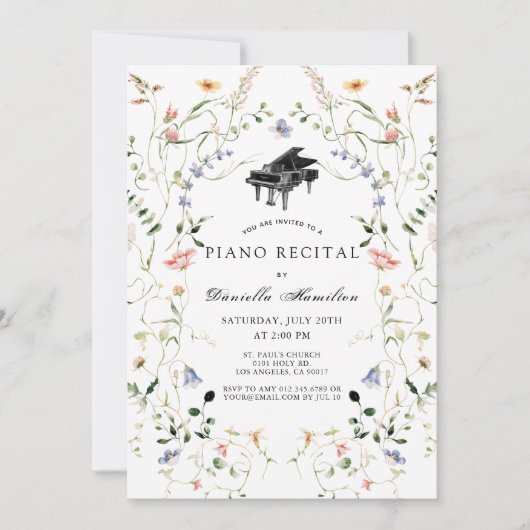 Wilde Bloem Piano Witte Recital Uitnodiging (Voorkant)