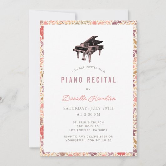 Wilde Bloem Piano Witte Recital Uitnodiging (Voorkant)