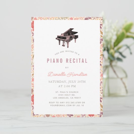 Wilde Bloem Piano Witte Recital Uitnodiging (Staand voorkant)