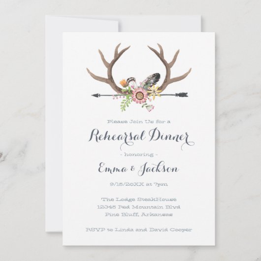 Wilde-bloem-Pijl en Antlers Rehearsal Dinner Kaart (Voorkant)