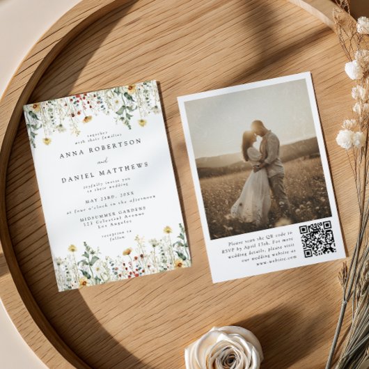 Wilde bloem QR-code foto trouwuitnodiging Kaart