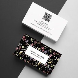 Wilde bloem QR Code Spring Floral Black Visitekaartje