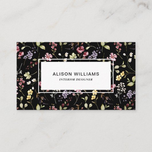 Wilde bloem QR Code Spring Floral Black Visitekaartje (Voorkant)