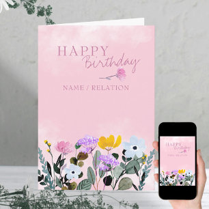 Wilde bloem Rand Roze Waterverf Birthday Kaart
