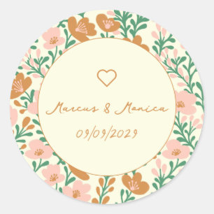 Wilde Bloem Ranken Roze Groen Elegante Trouwdag Cu Ronde Sticker
