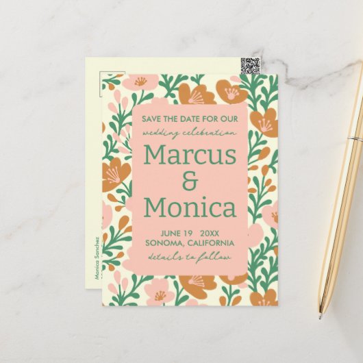 Wilde bloem ranken roze groen op maat gemaakt Save Briefkaart (Voorkant / Achterkant in situ)