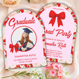Wilde Bloem Rode Gingham Strik Foto Afstudeerfeest Kaart
