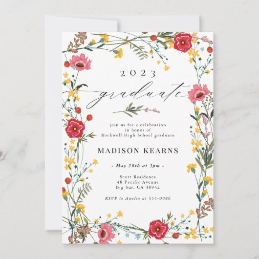 Wilde bloem Rood Geel 2023 Afstuderen Uitnodiging (Voorkant)