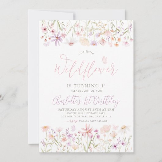 Wilde bloem Roze Floral Girls 1ste verjaardag Kaart (Voorkant)