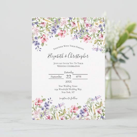 Wilde bloem Roze Geel Paars Boho Modern Wedding Kaart (Staand voorkant)