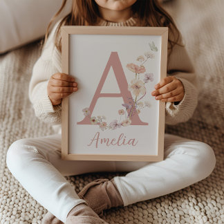 Wilde Bloem Roze Meisje Babykamer Naam Kunst Monog Poster