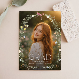 Wilde Bloem Roze Strik Afstudeerfeest Foto Uitnodi Briefkaart