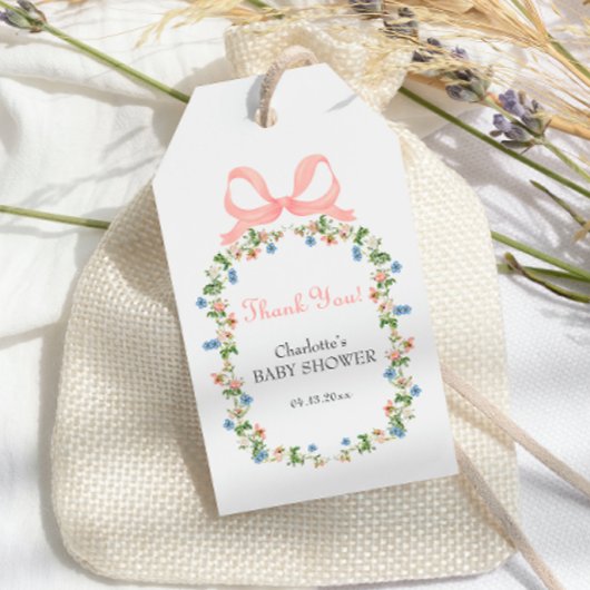 Wilde bloem Roze Strik Baby Shower Cadeaulabel