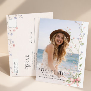 Wilde bloem Roze strik Foto Afstudeer aankondiging Briefkaart